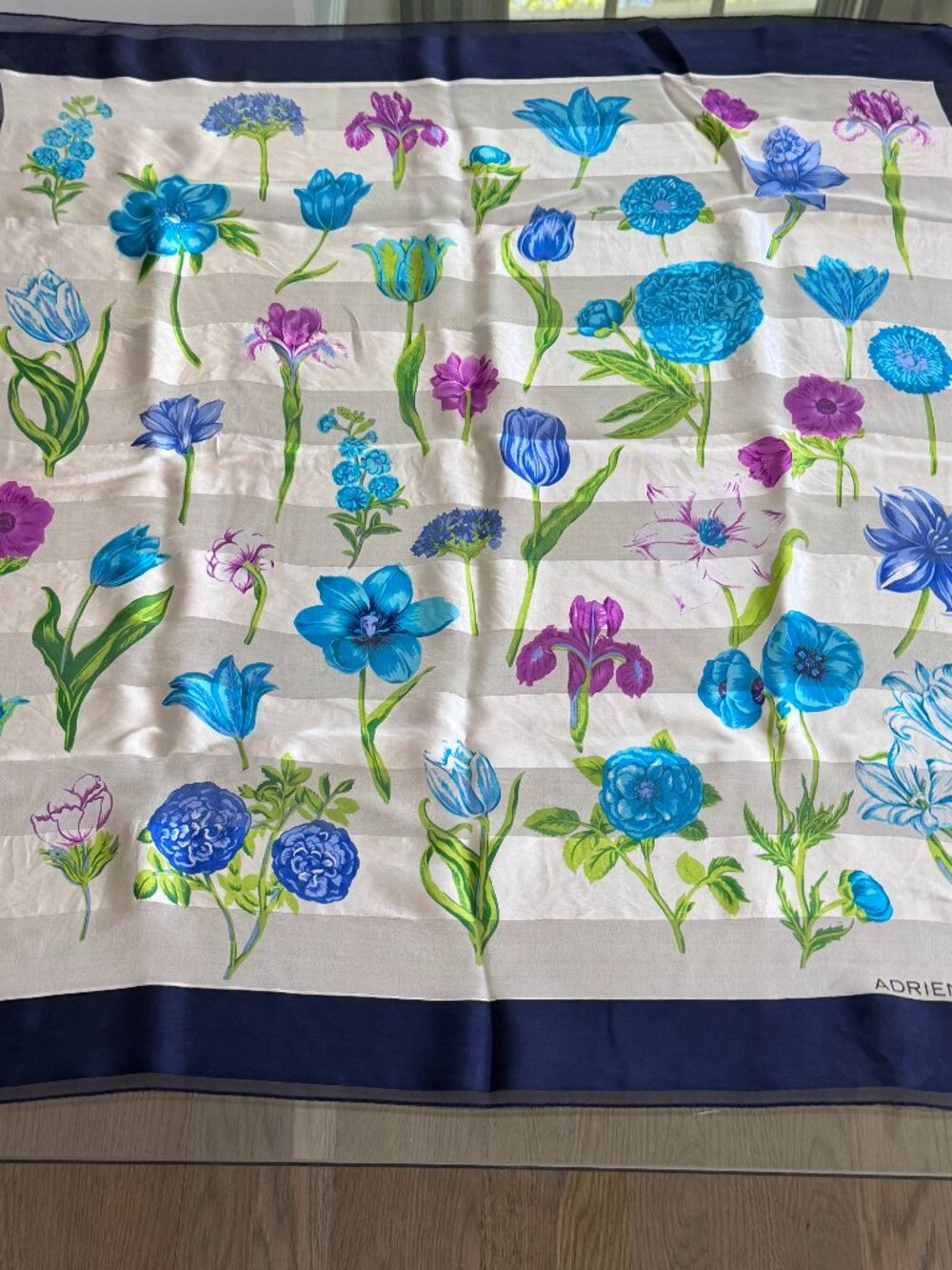 Adrienne Vittadini Vintage Silk Scarf | Floral Botanical Print | Blue & Purple - Picture 3 of 7